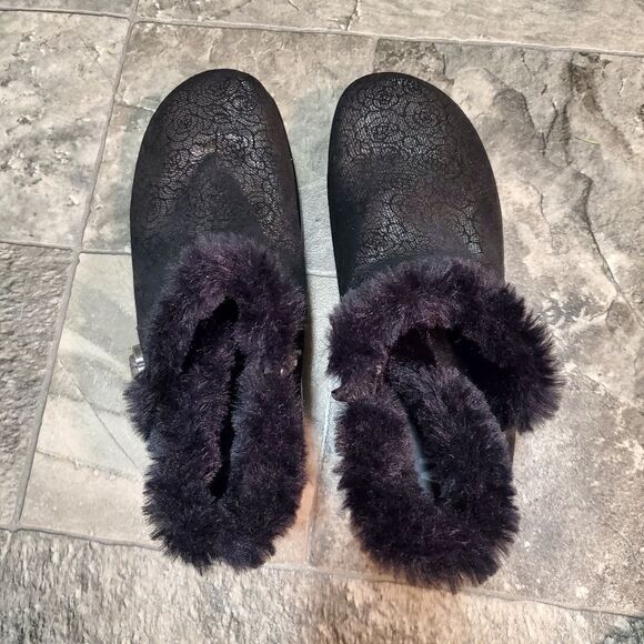 Alegria Meri Black Leather Rose Florette Water Resistant Leather Fur Ankle Boots - Picture 7 of 13